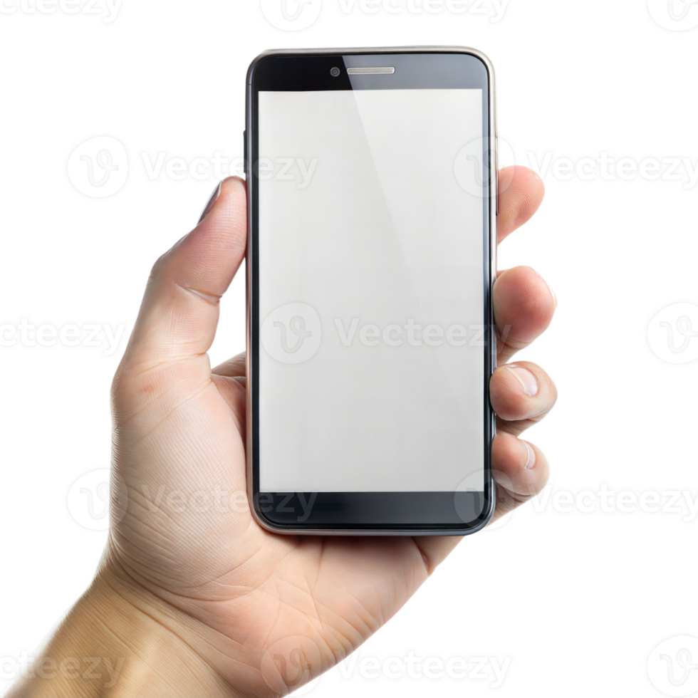 Hand holding smartphone with blank screen for app display png