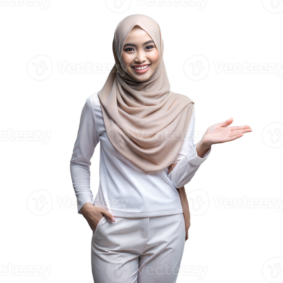 Confident young woman wearing hijab smiling and gesturing with hand png