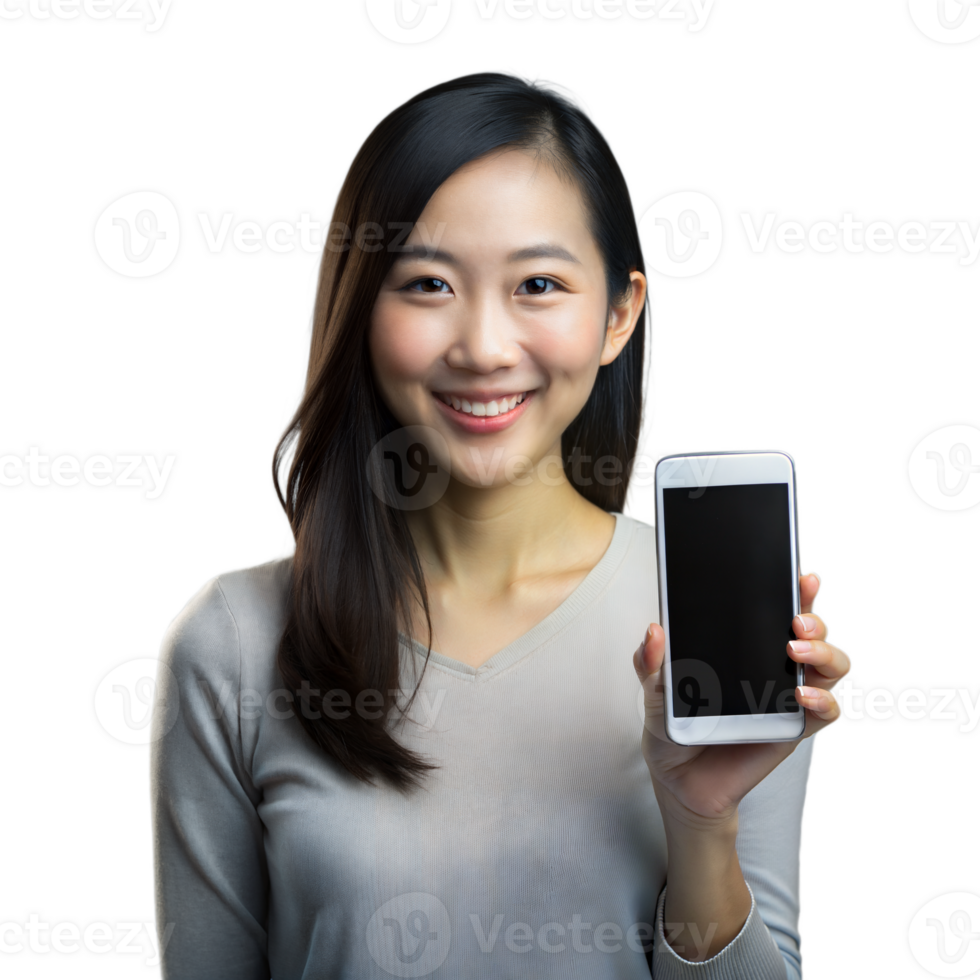 Smiling woman showing smartphone with black screen on transparent background png