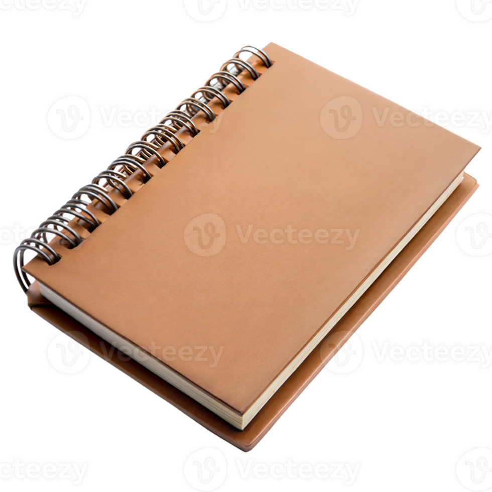 Close-up of a spiral-bound brown leather notebook png