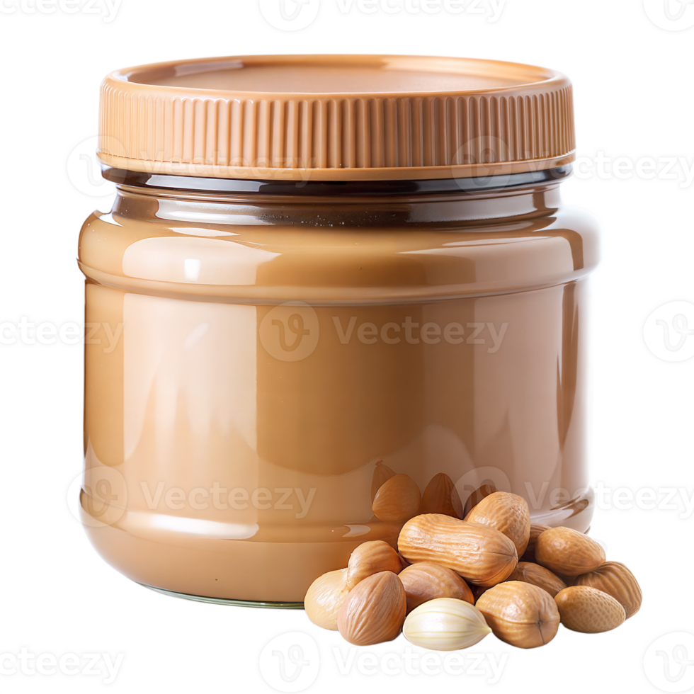 Jar of almond butter with scattered almonds on transparent background png