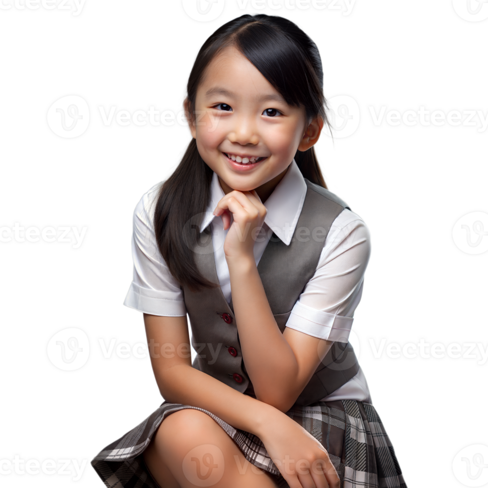 Smiling schoolgirl in uniform posing with hand on chin png