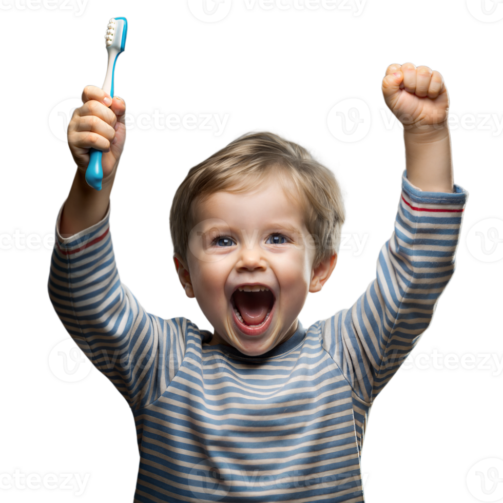 animado criança a comemorar com escova de dente dentro mão png