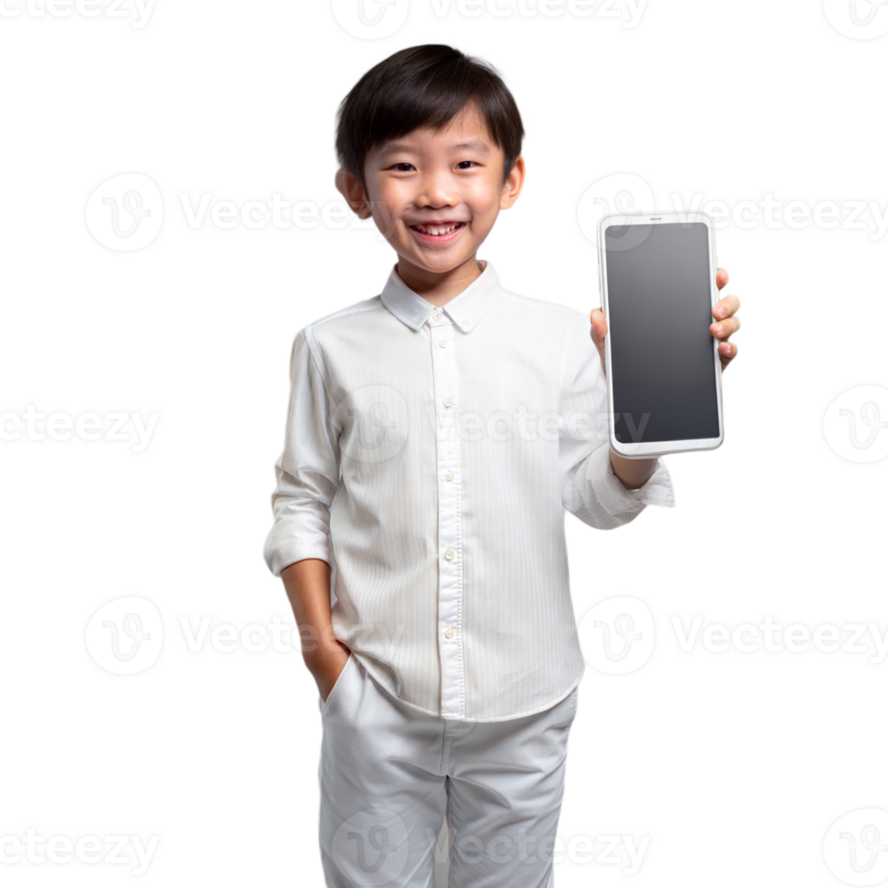 Happy child holding a smartphone displaying empty screen png