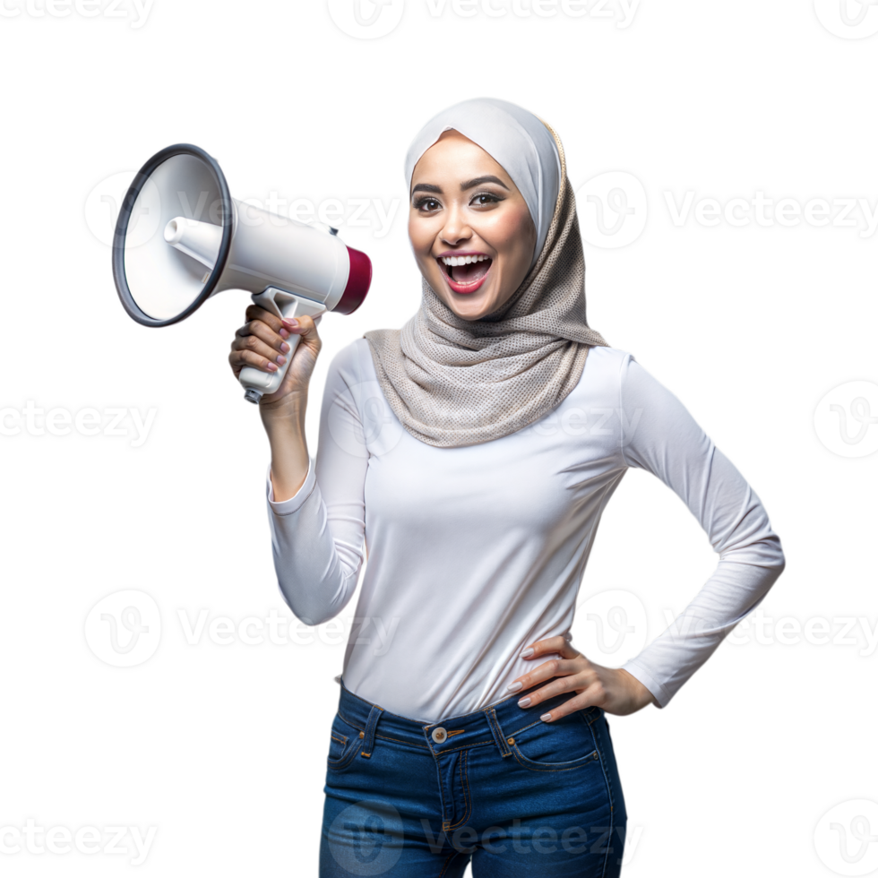 Confident woman with megaphone smiles and conveys message png