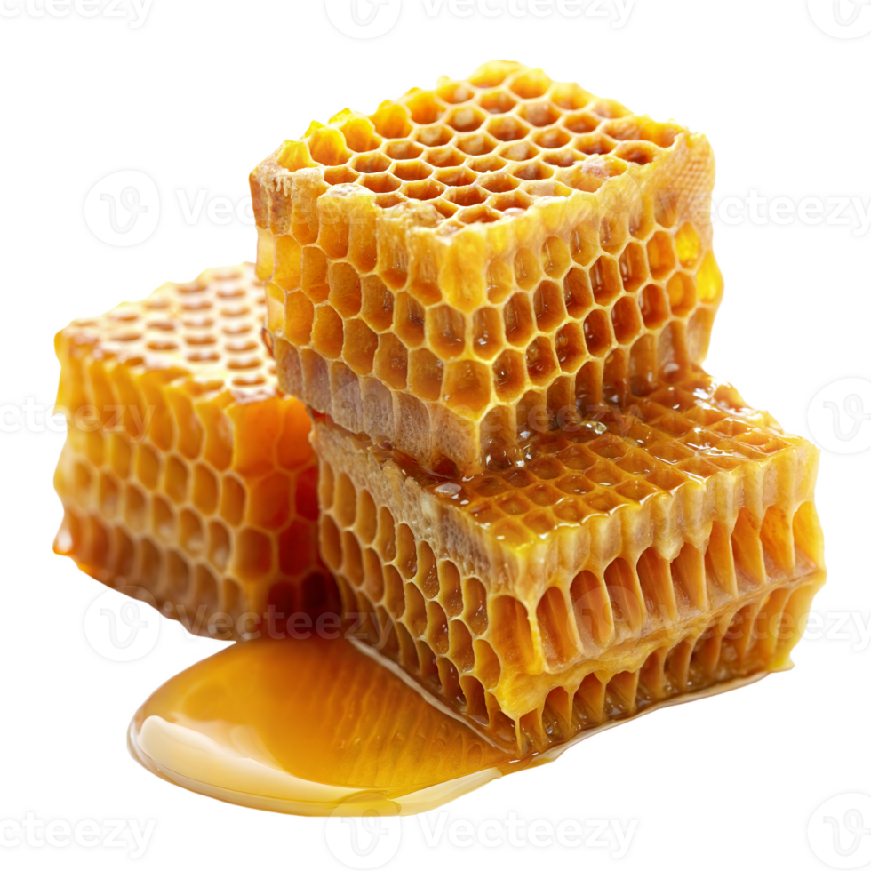 Fresh honeycomb pieces with dripping honey close-up png