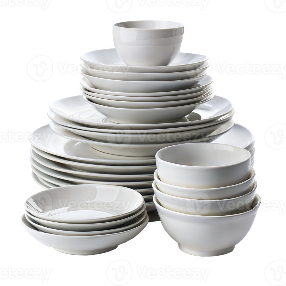 Stack of various ceramic plates and bowls on transparent background png