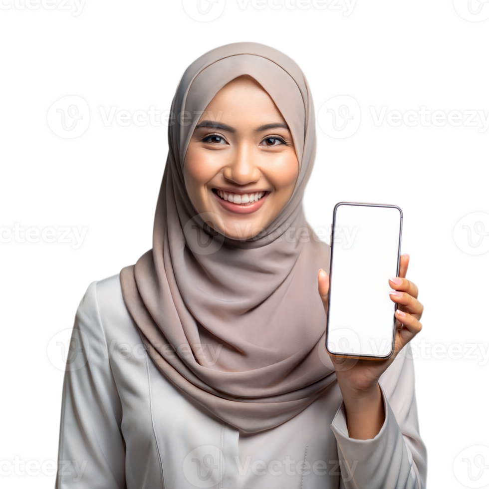 Smiling woman in hijab displaying smartphone screen with confidence png