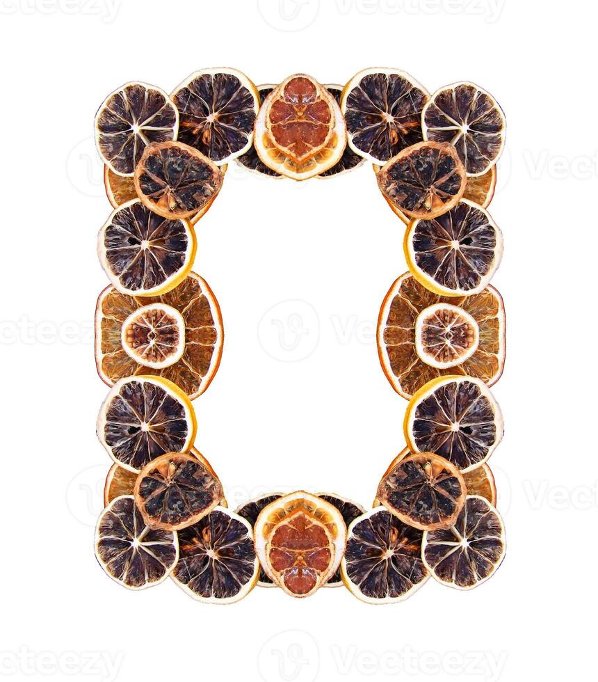 Frame of dry slices of orange and grapefruit. Fruit chips background. photo