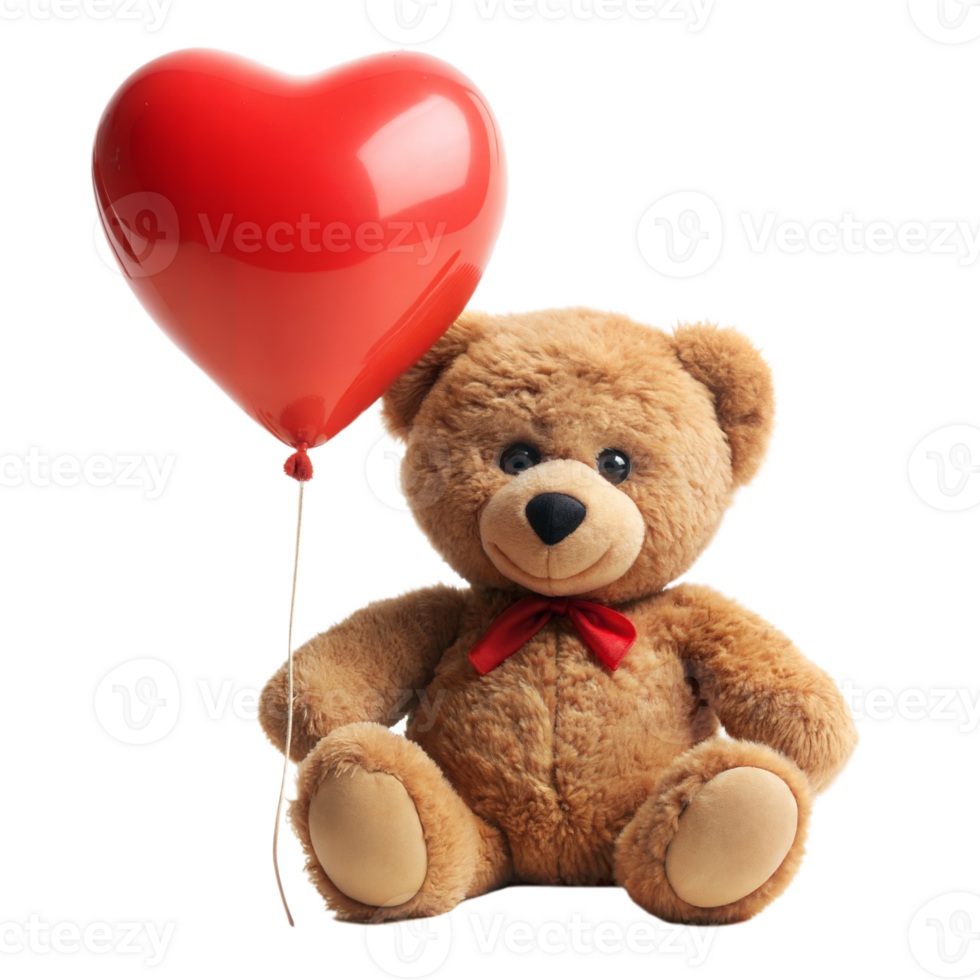Cute teddy bear with red heart balloon isolated png