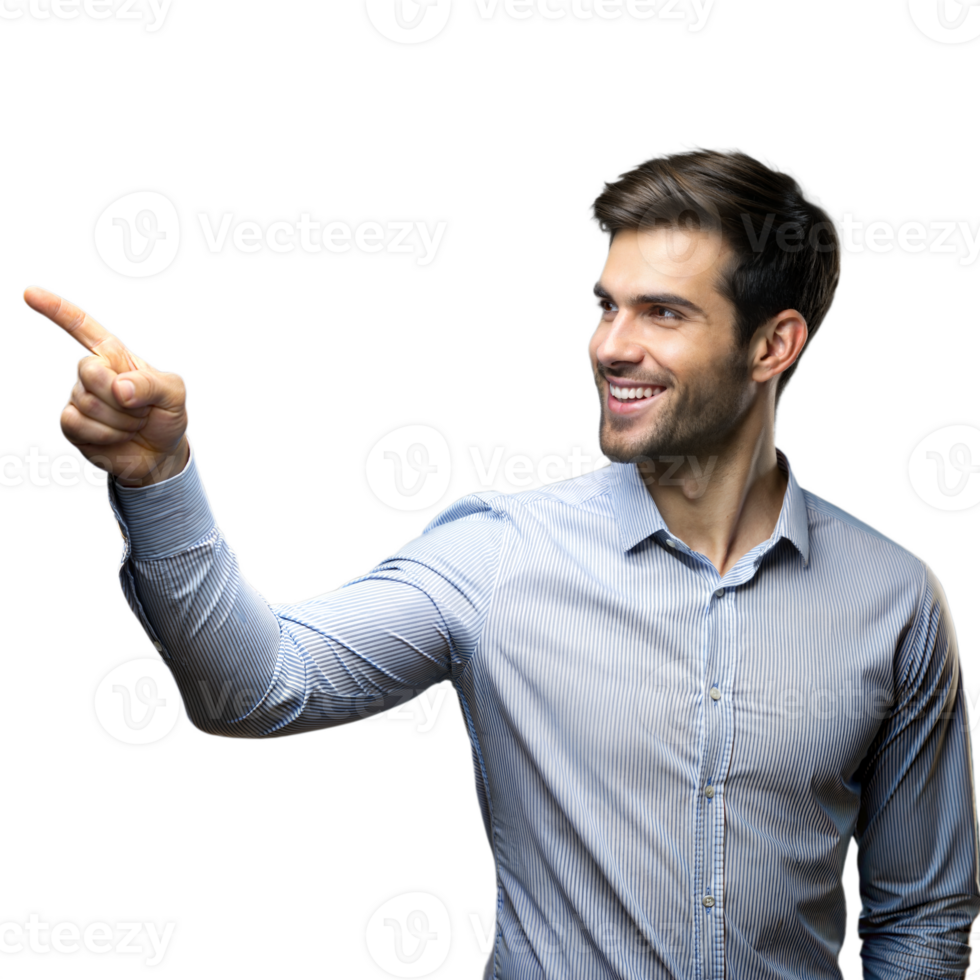 Smiling young man pointing and looking away in casual shirt png