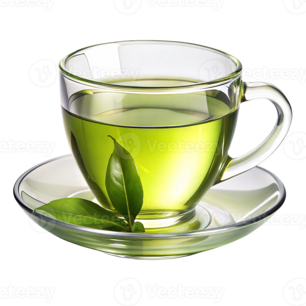 Glass cup of green tea with fresh leaves png