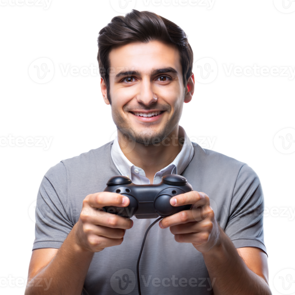 Smiling man playing game with controller in hands png