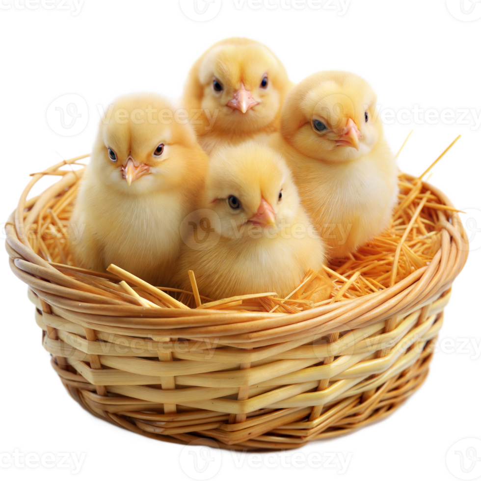 Cute yellow chicks in a basket with hay png