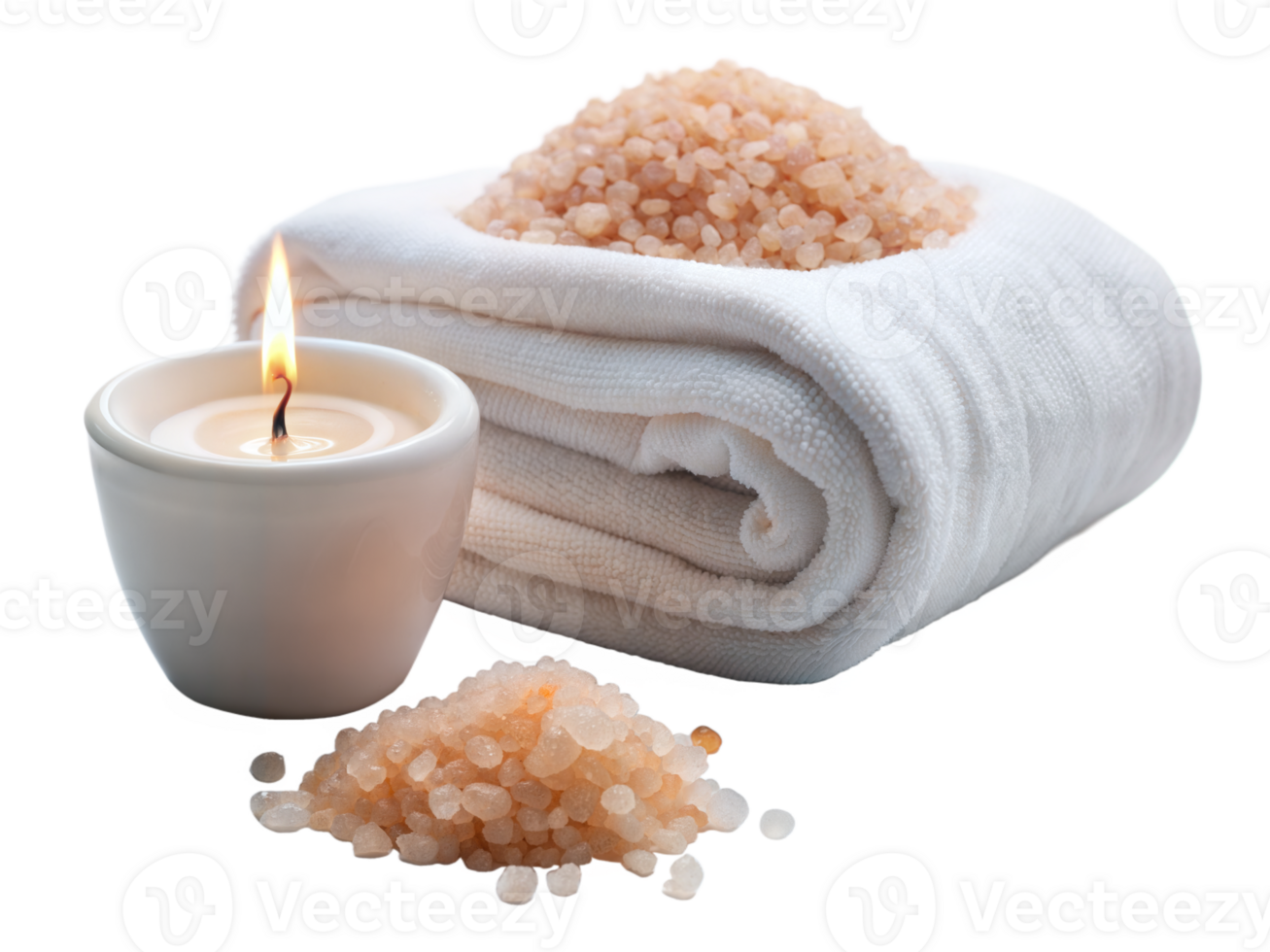 Spa essentials with candle, towel, and salt for relaxation png