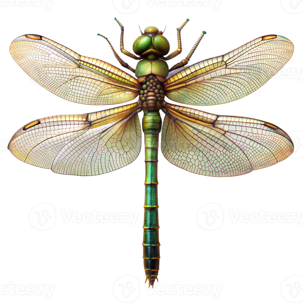 Detailed close-up of vibrant dragonfly with transparent wings png