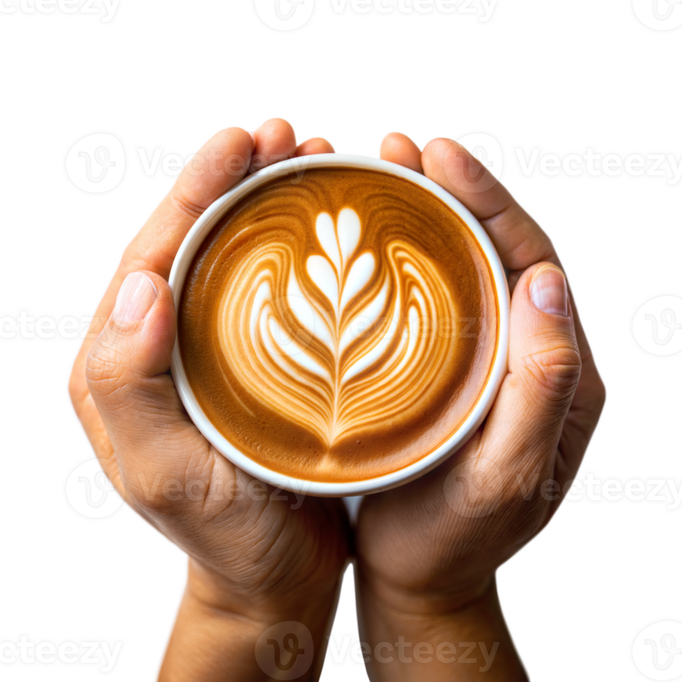 Hands holding a coffee cup with beautiful latte art png