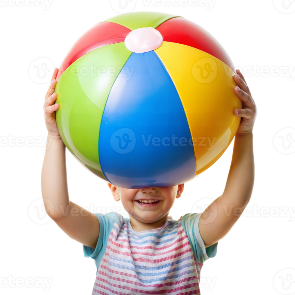 Happy child holding large colorful beach ball with joy png
