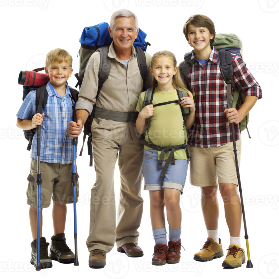 Happy multi-generational family hiking with backpacks outdoors png