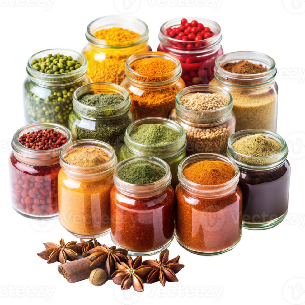 Variety of colorful spices in glass jars on a transparent background png