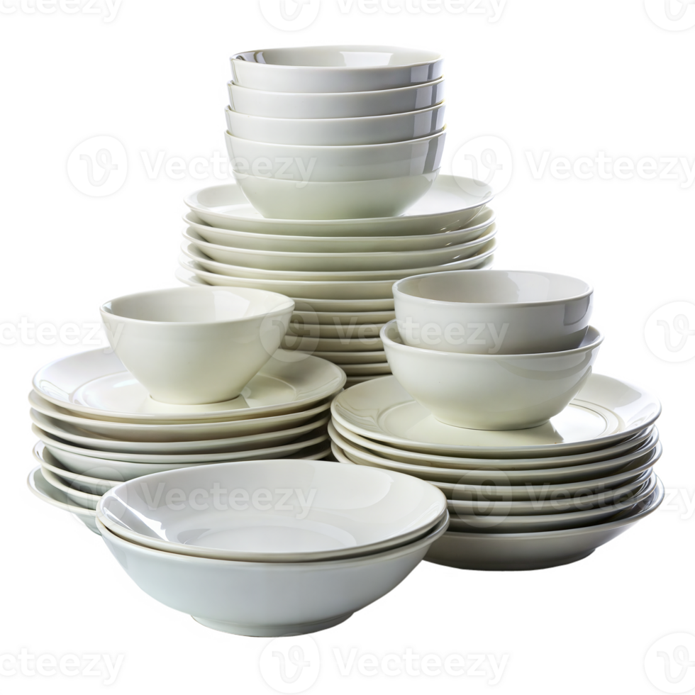 Clean stack of white plates and bowls for dining 46323175 PNG