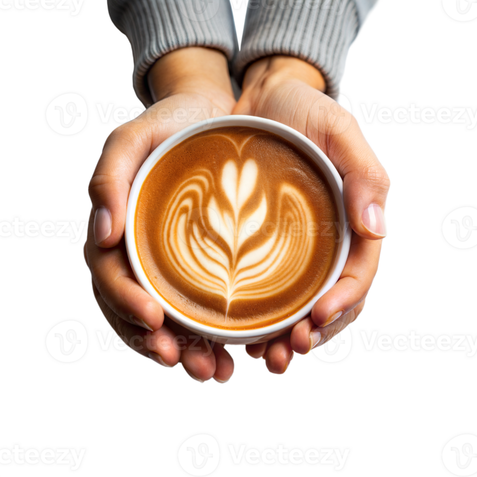 Hands holding a cup of coffee with latte art png
