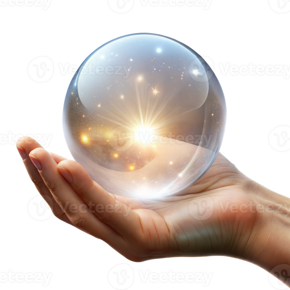 Hand holding a glowing transparent crystal ball with shining stars png
