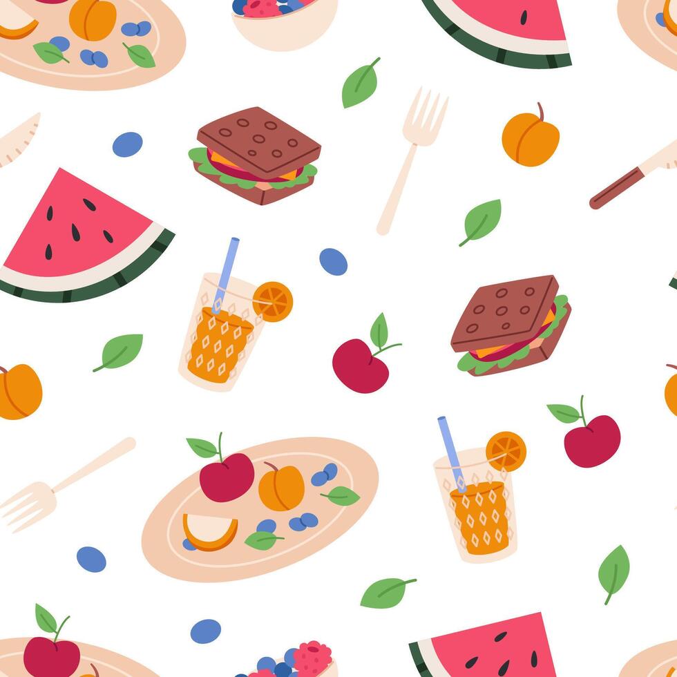 Seamless pattern with summer picnic elements. illustration of picnic fruits, snacks, watermelon. Outdoor lunch concept in trendy cartoon style. vector