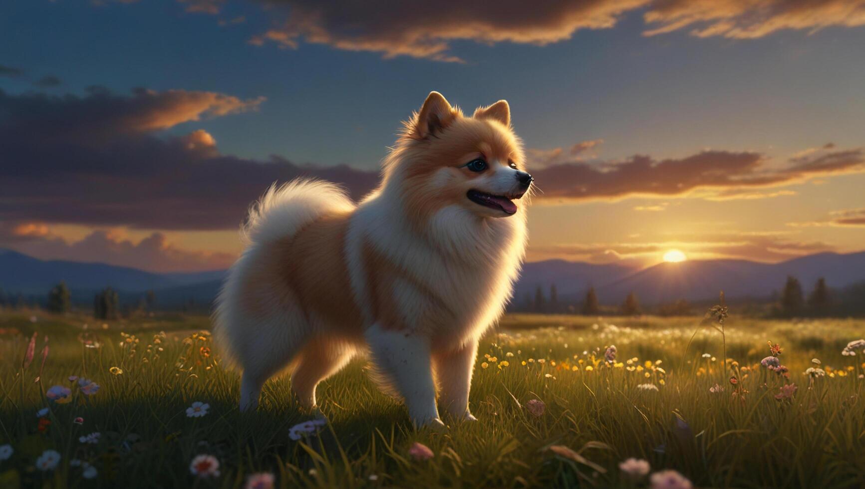 A dog standing in a field of flowers photo