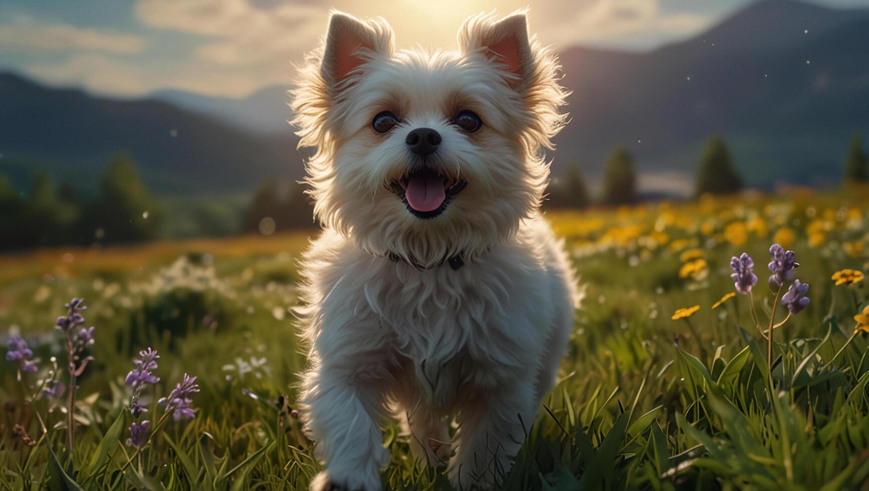 A dog standing in a field of flowers photo