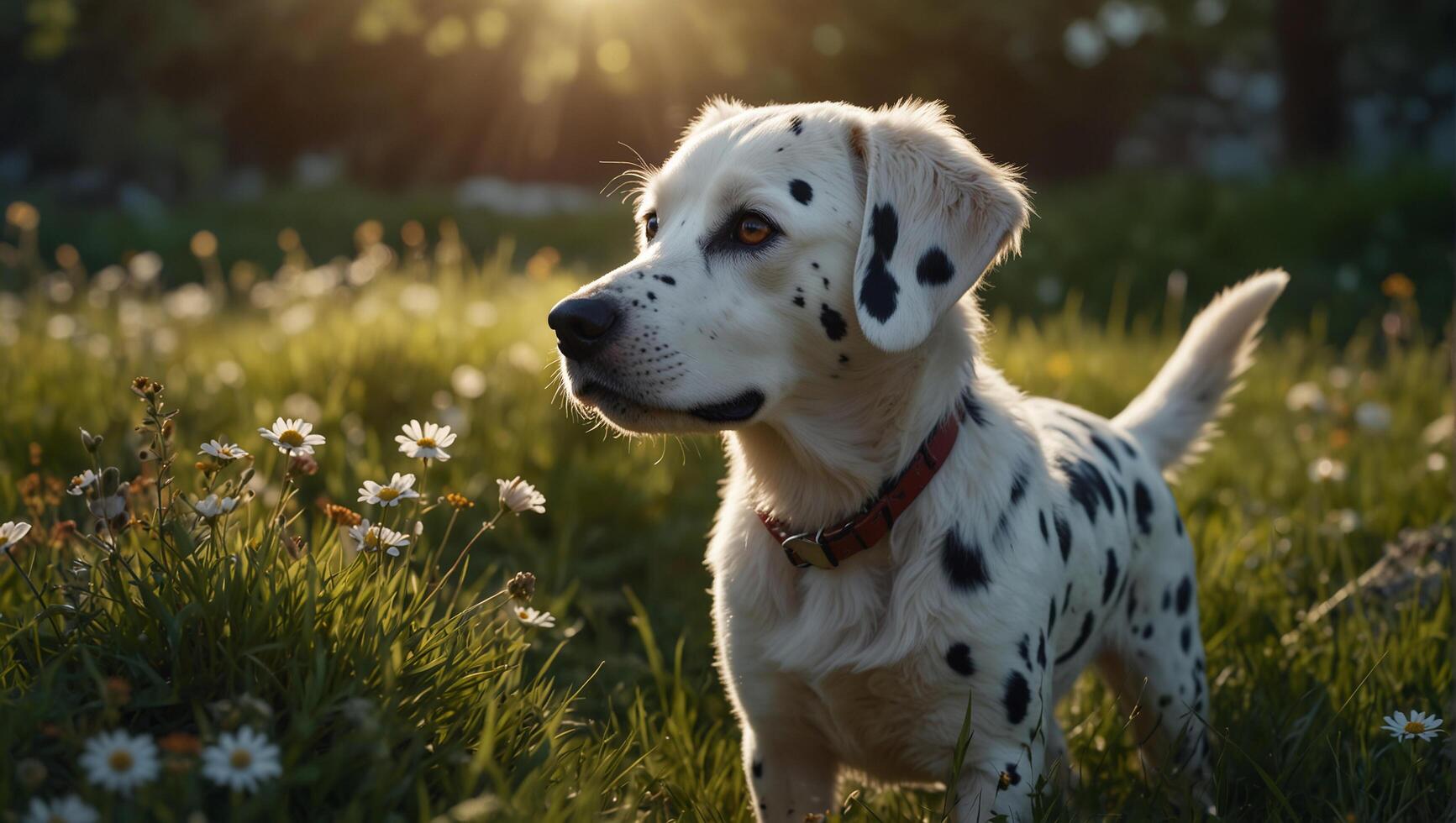 A dog standing in a field of flowers photo