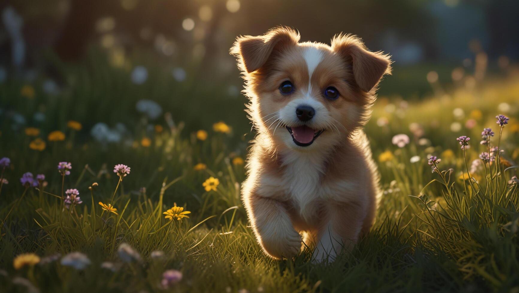 A dog standing in a field of flowers photo