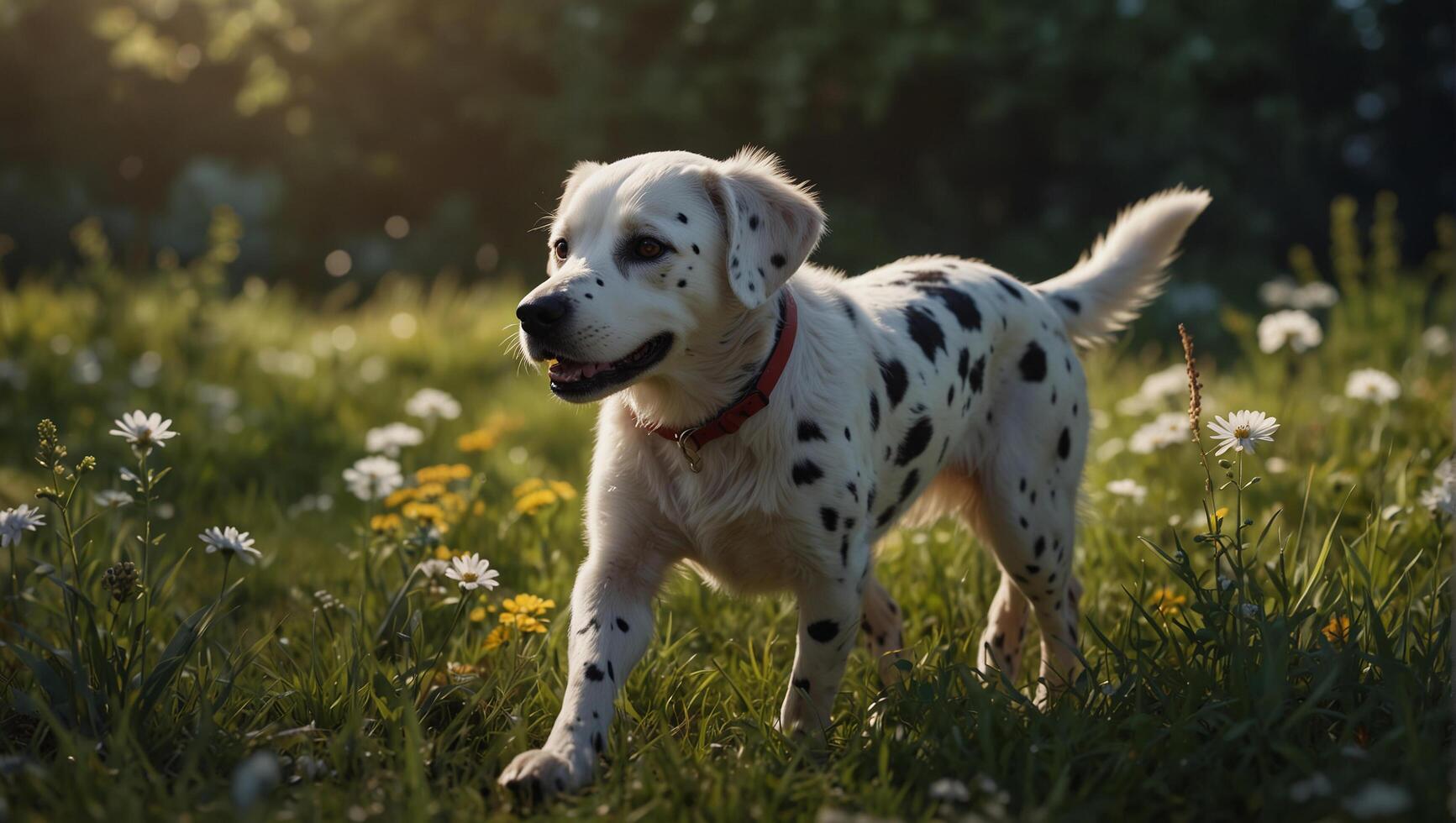 A dog standing in a field of flowers photo