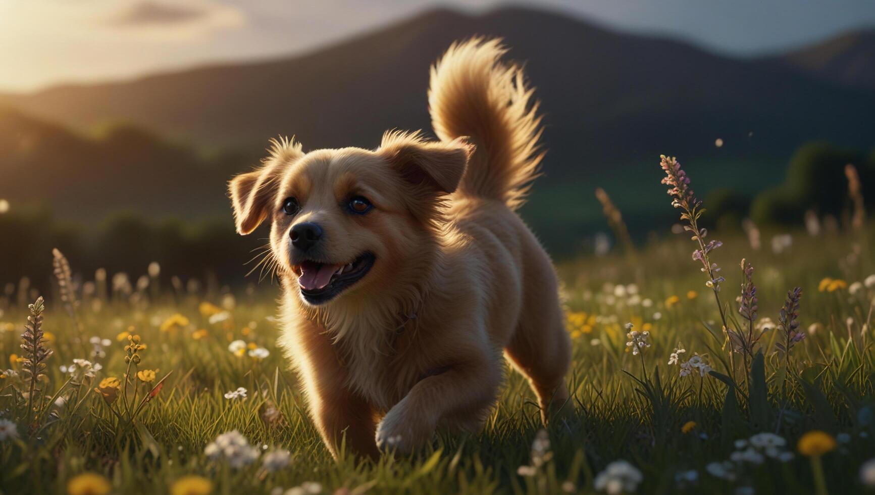 A dog standing in a field of flowers photo