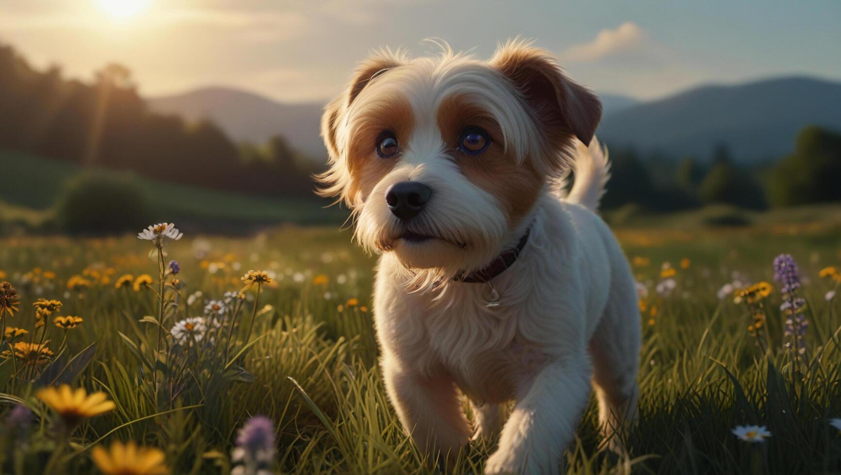 A dog standing in a field of flowers photo