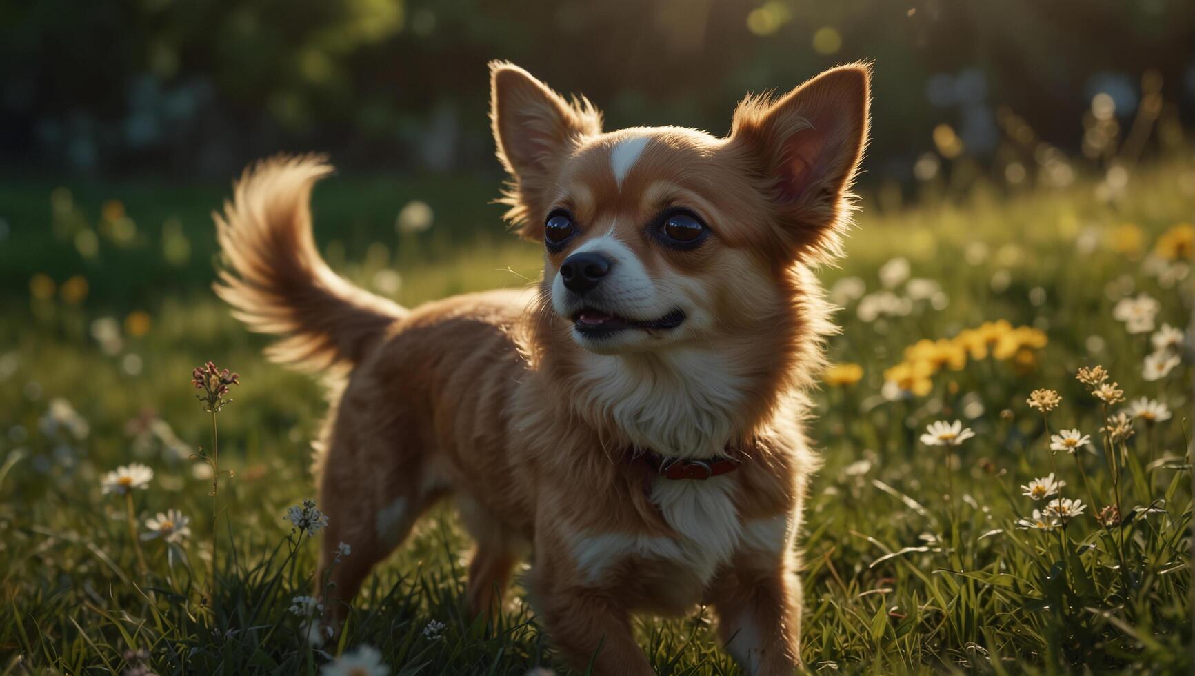 A dog standing in a field of flowers photo