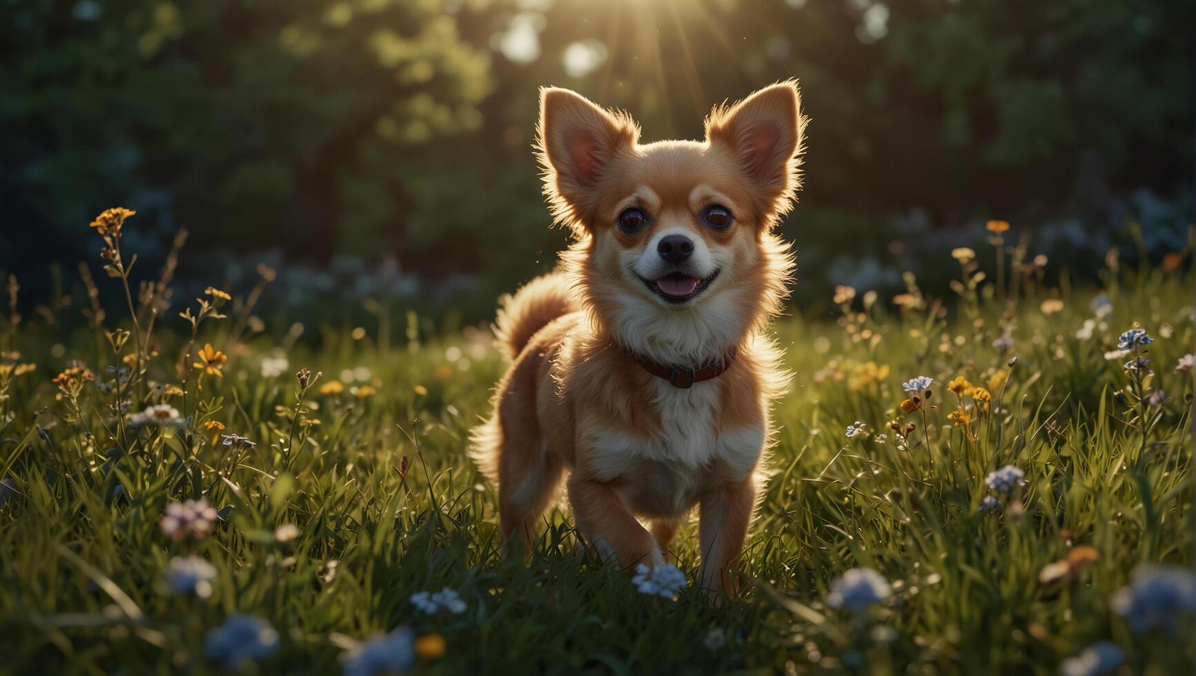 A dog standing in a field of flowers photo