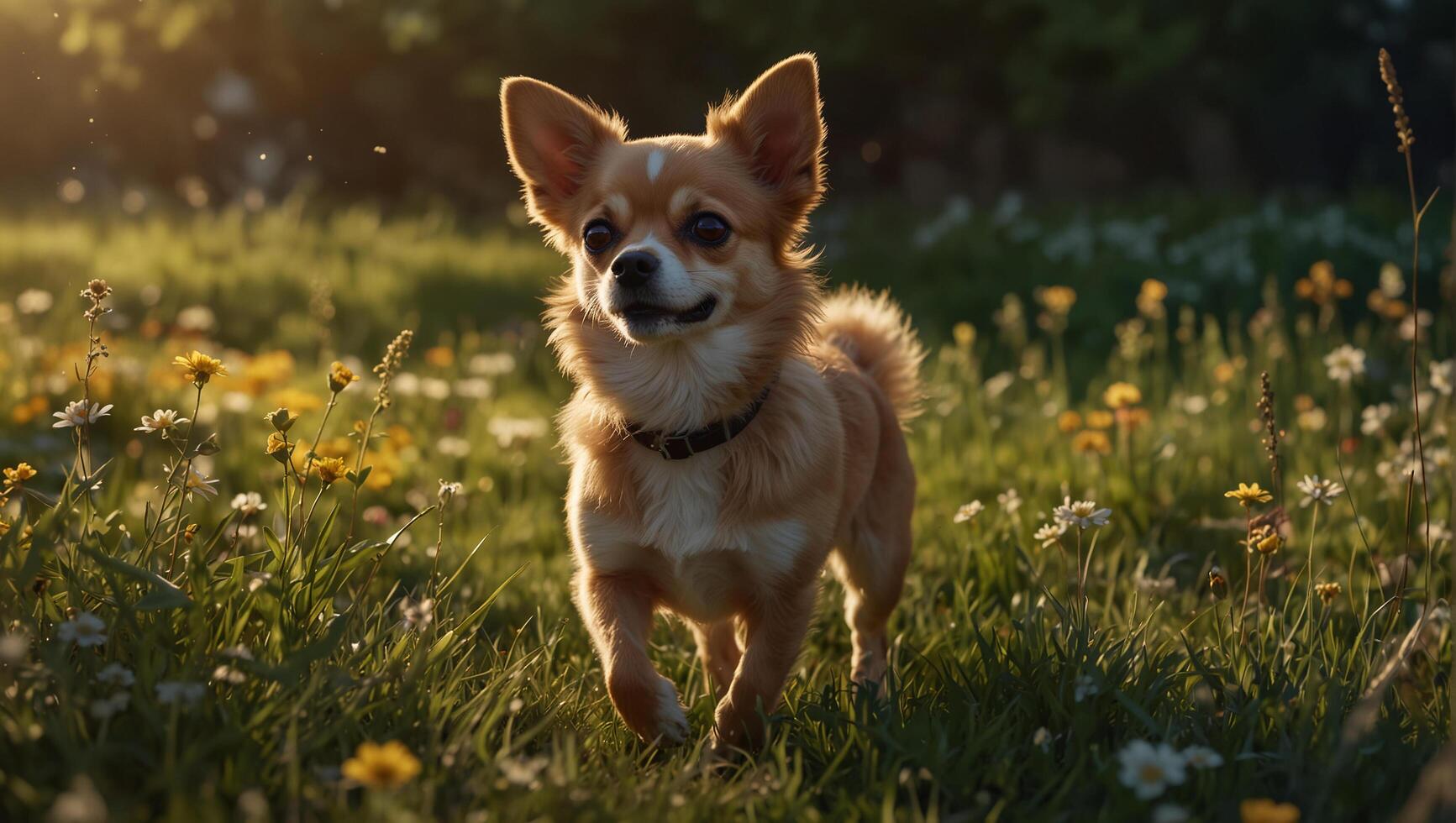 A dog standing in a field of flowers photo