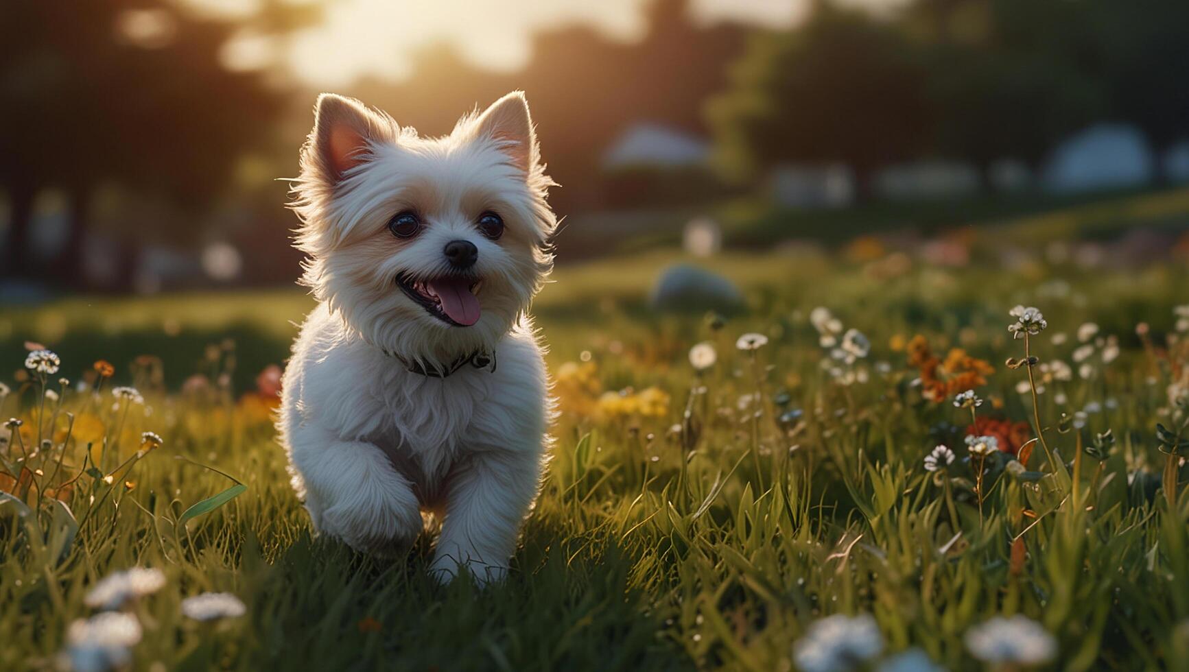 A dog standing in a field of flowers photo