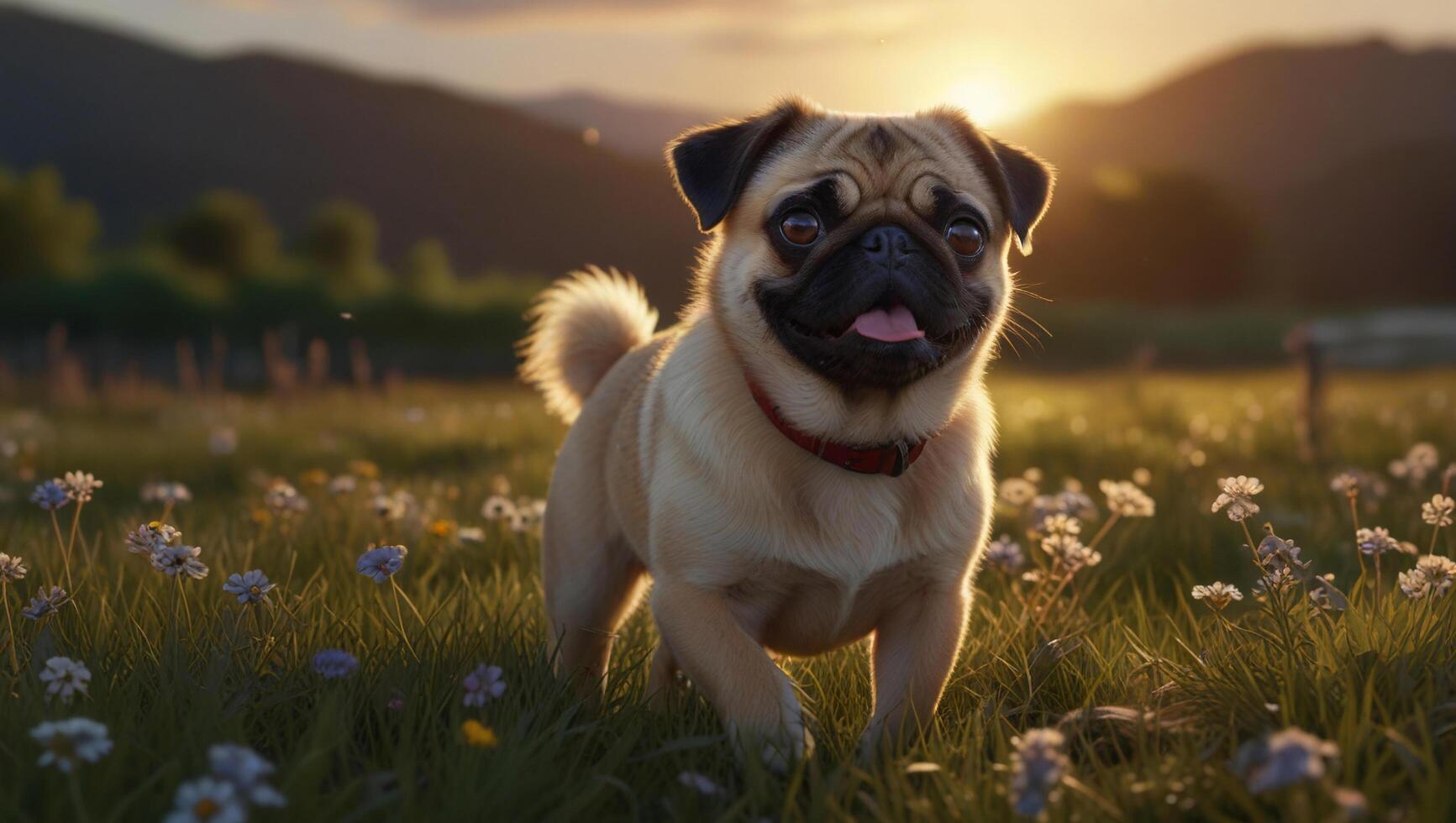 A dog standing in a field of flowers photo