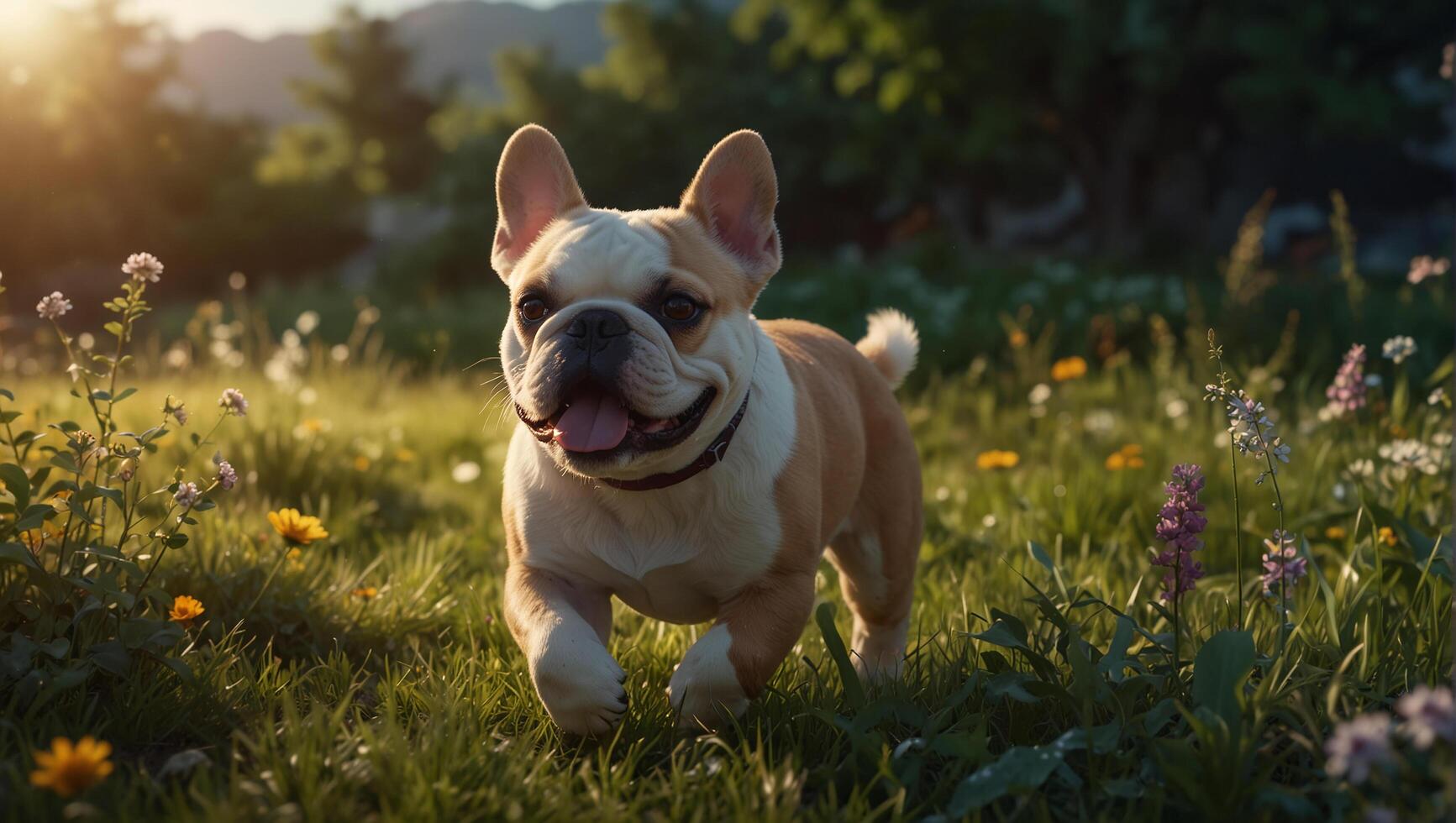 A dog standing in a field of flowers photo