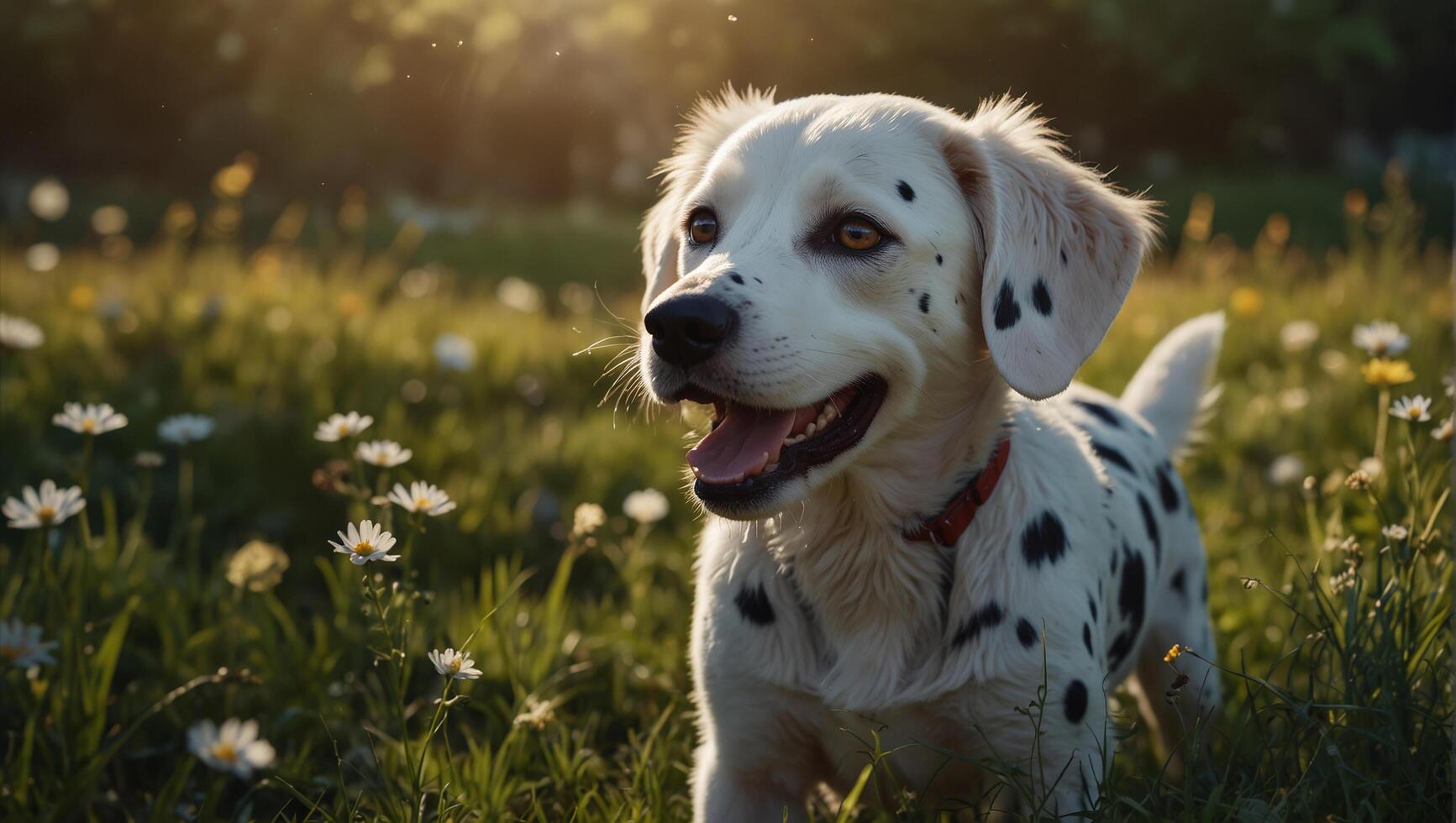 A dog standing in a field of flowers photo