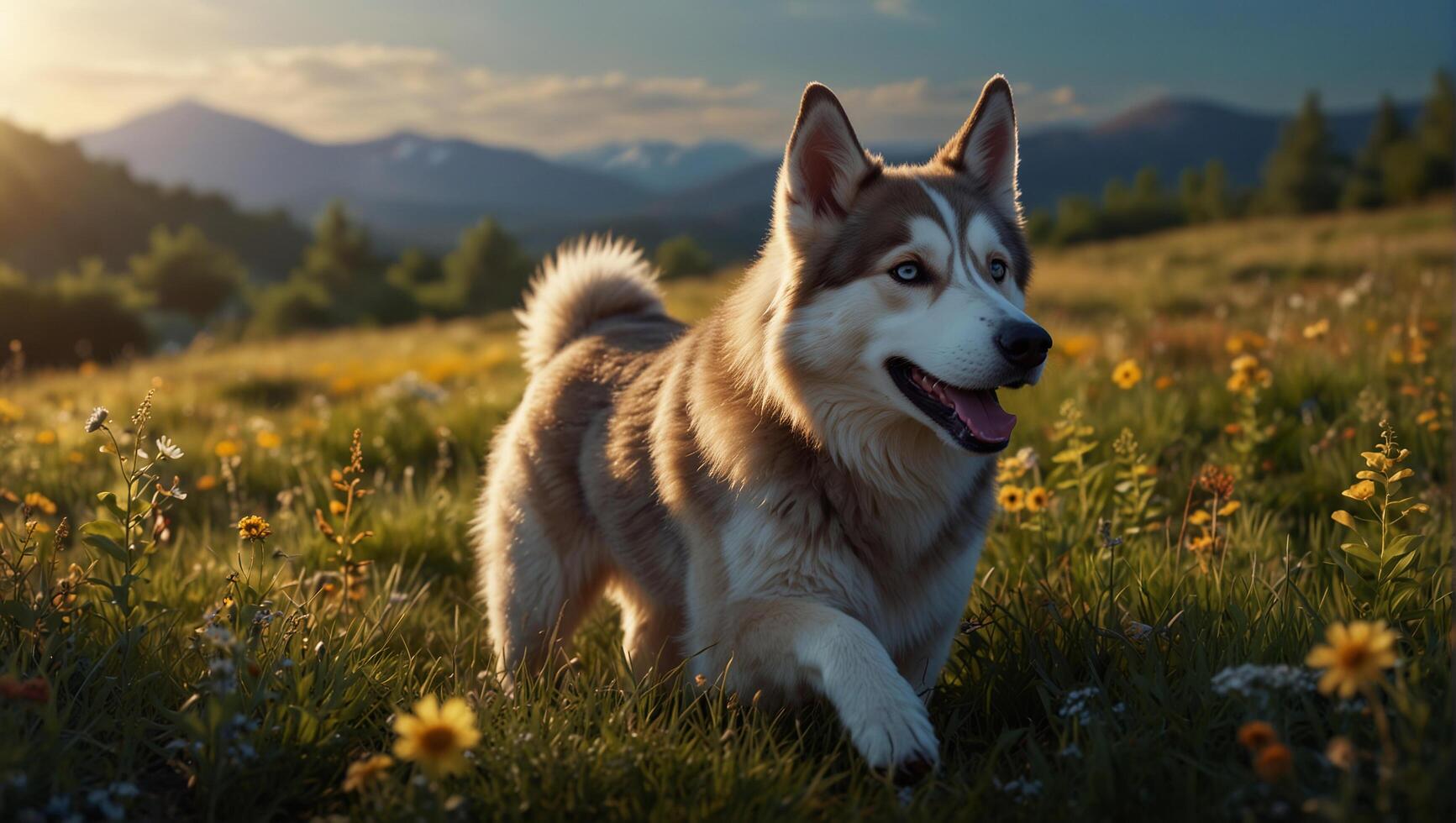 A dog standing in a field of flowers photo
