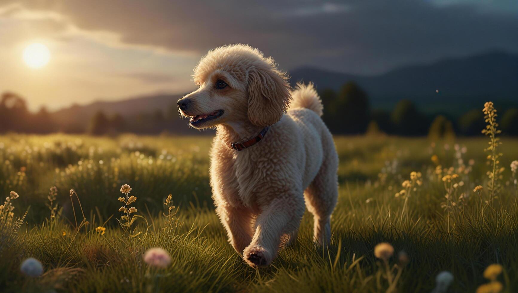 A dog standing in a field of flowers photo