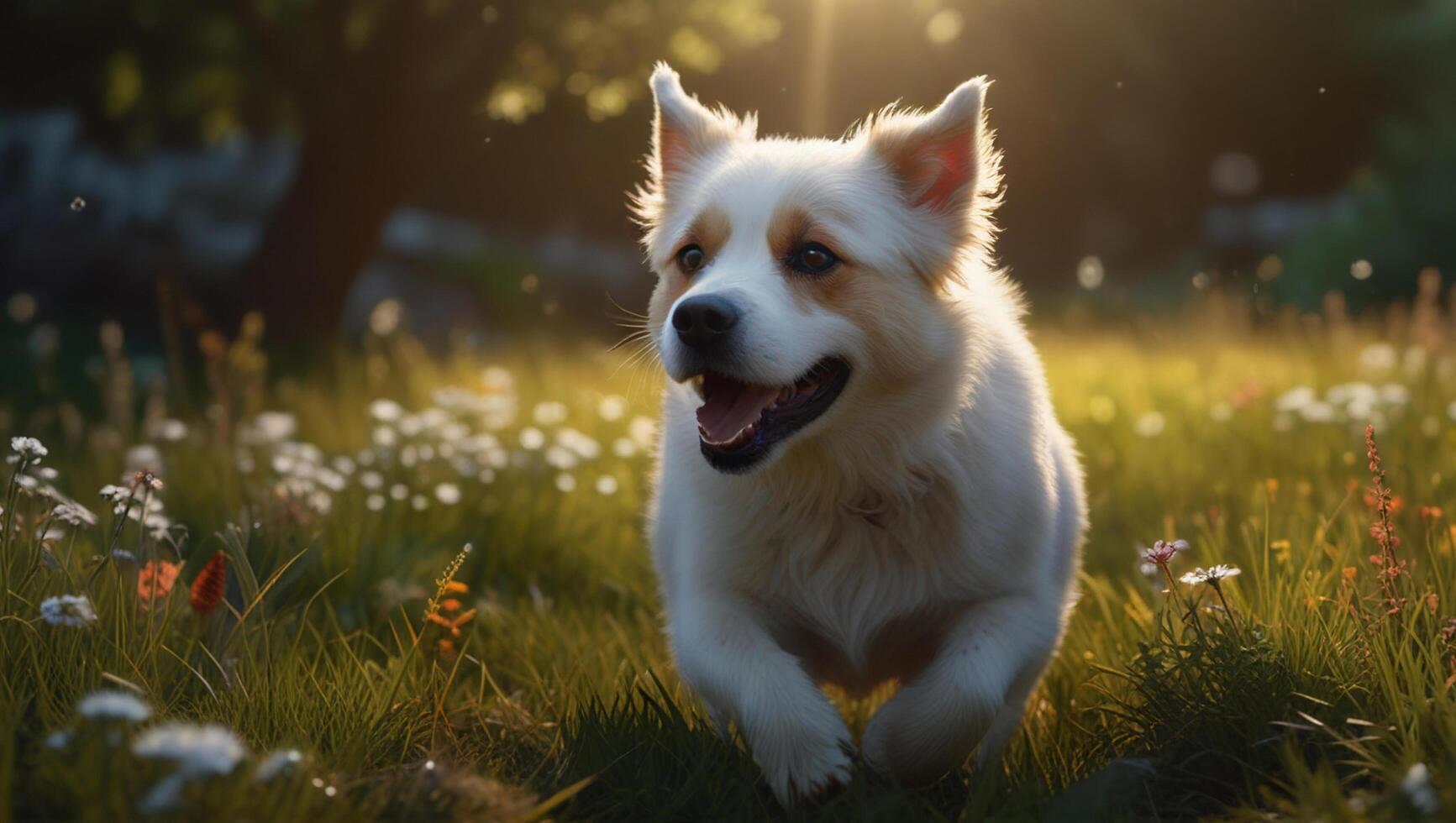 A dog standing in a field of flowers photo