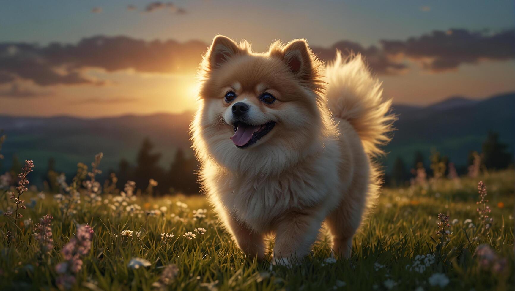 A dog standing in a field of flowers photo