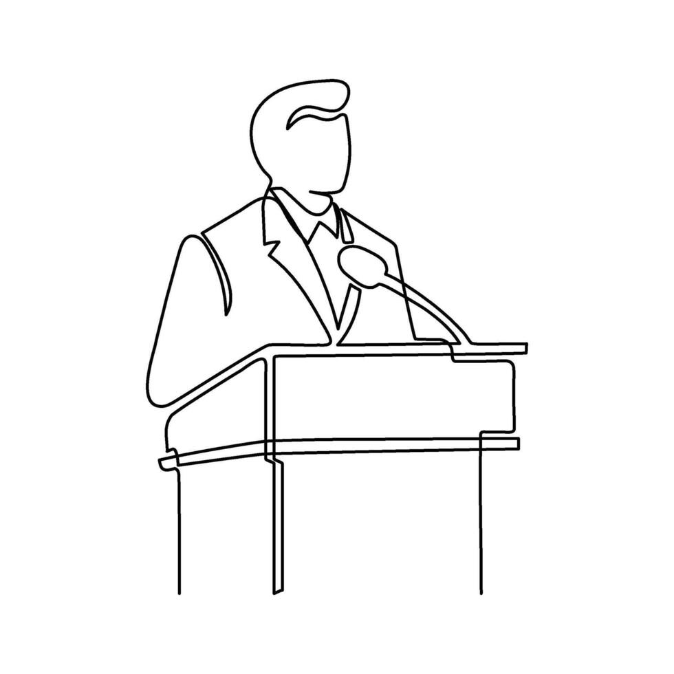 Speaker man speech behind tribune on conference, continuous one line drawing. Orator on podium by leader, businessman, teacher talking. single outline vector