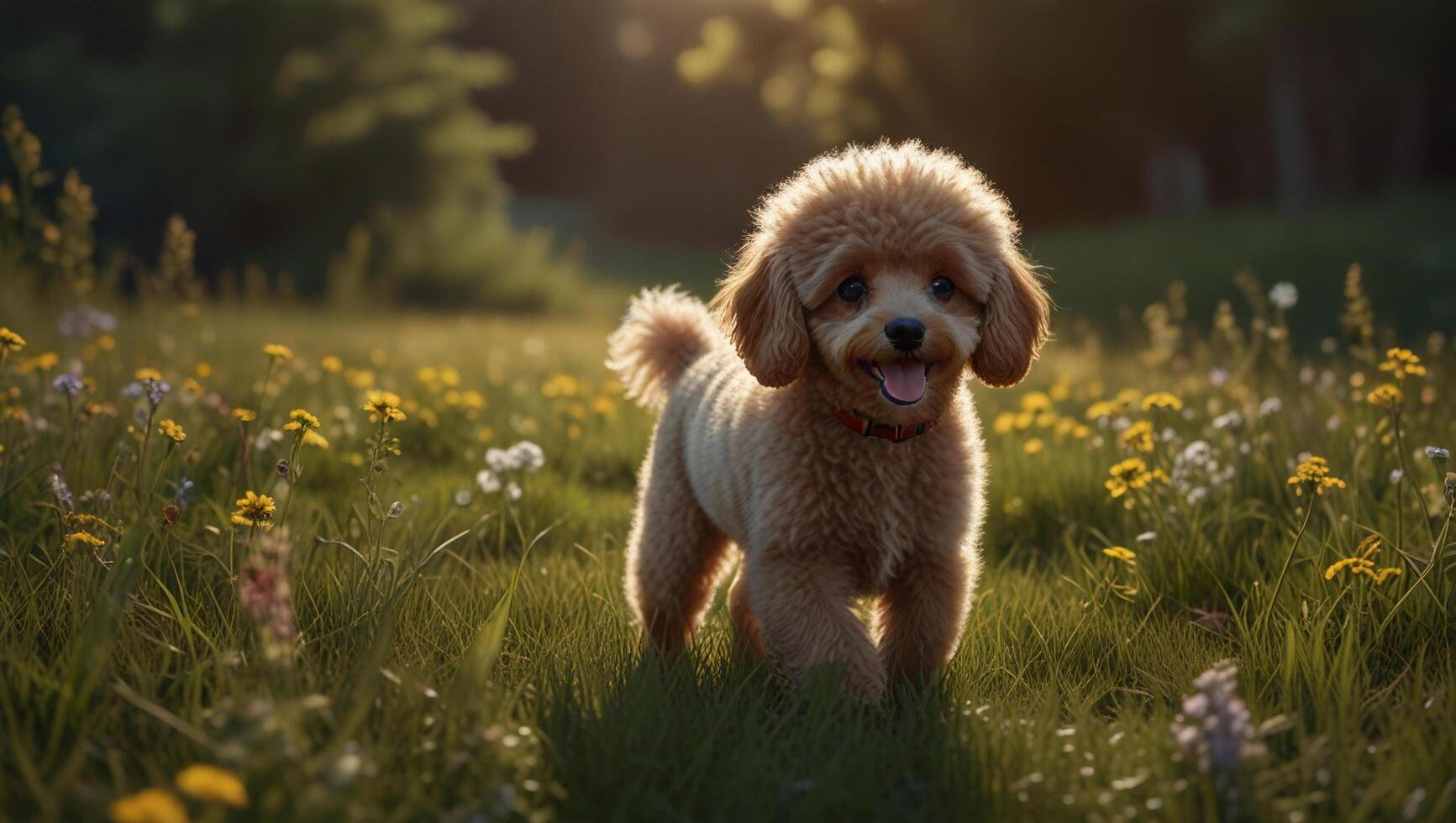 A dog standing in a field of flowers photo