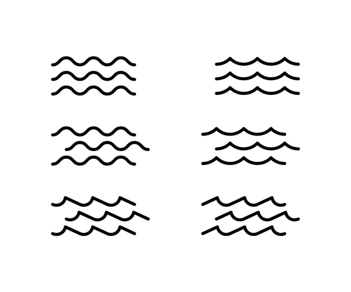 Water wave, line icon set. Sea, river, ocean, swimming pool symbol. Calm, still and rough water. Wavy element. outline illustration vector