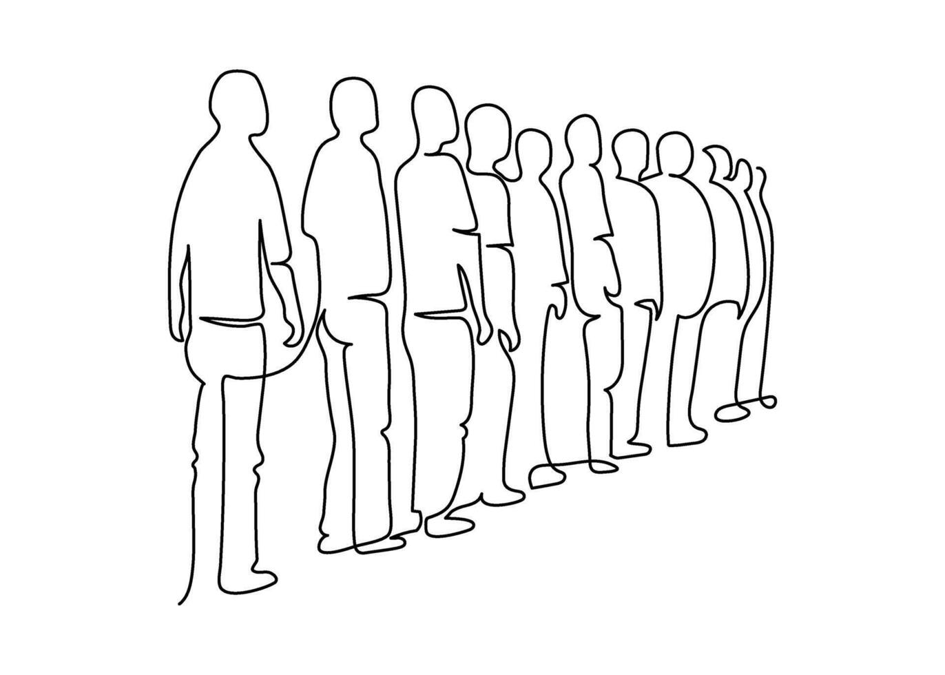 Group of people standing in queue, continuous one line drawing. Crowd of people silhouette waiting in line. Minimalist simple linear style. outline illustration vector